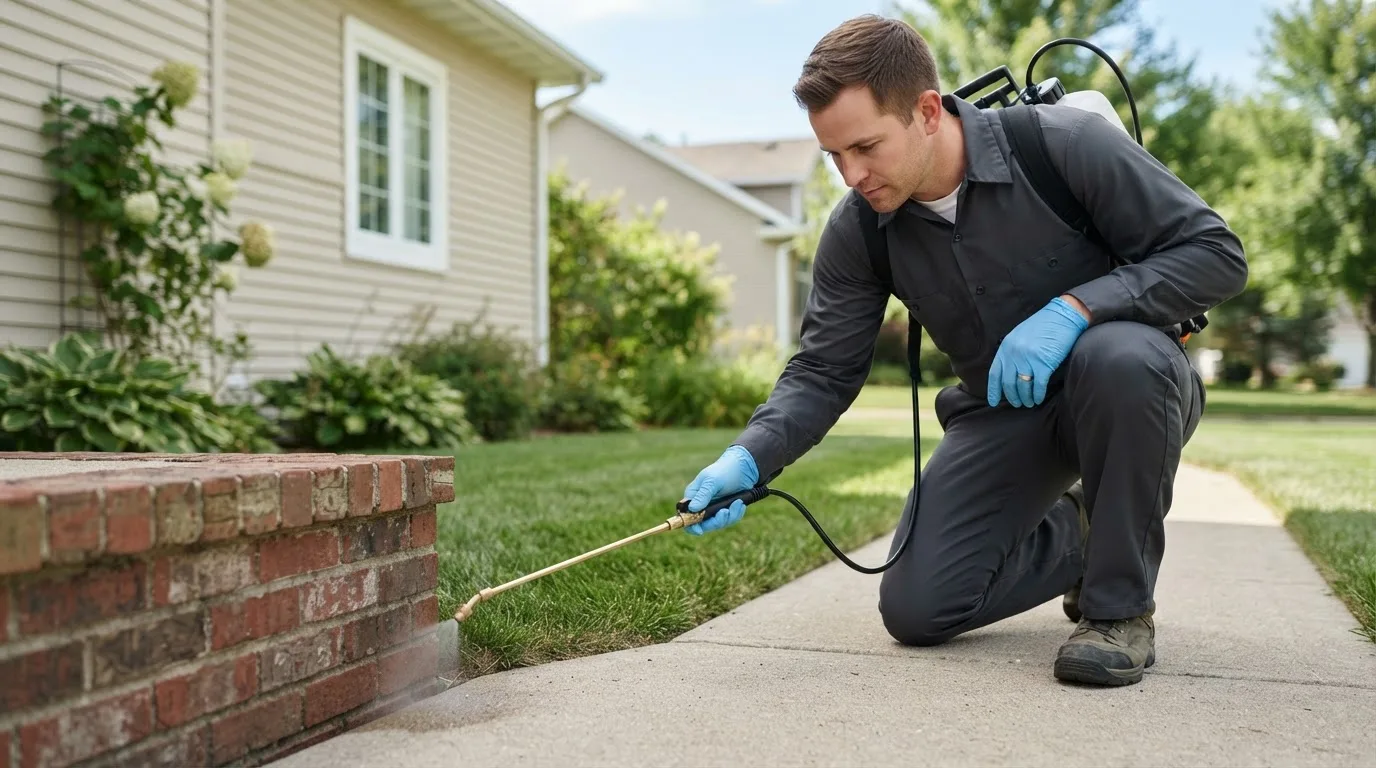 Pest control technician treating a home near Boston, MA